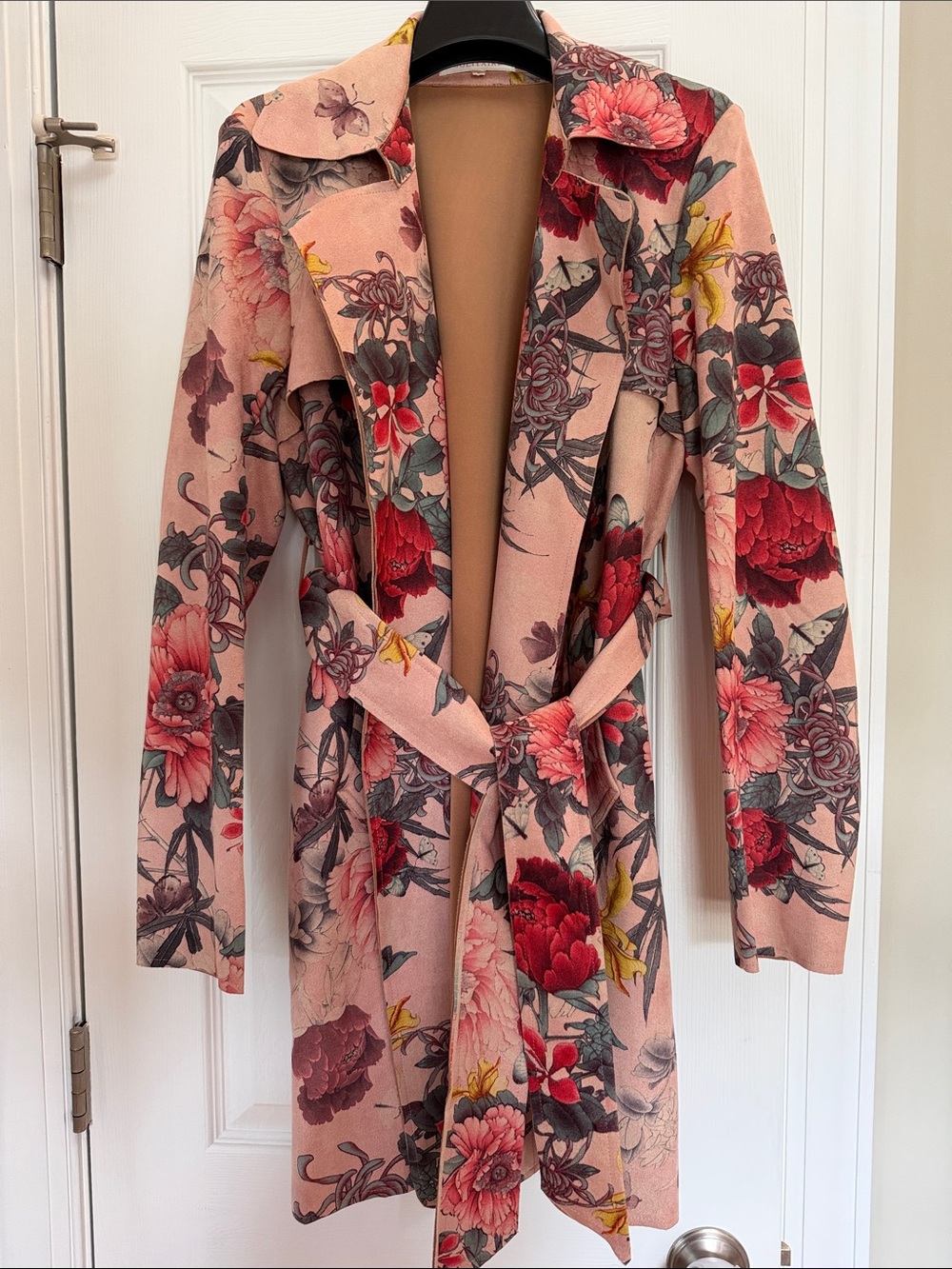 Solitaire Floral Belted Waterfall Trench Coat Jacket Pink Size Medium